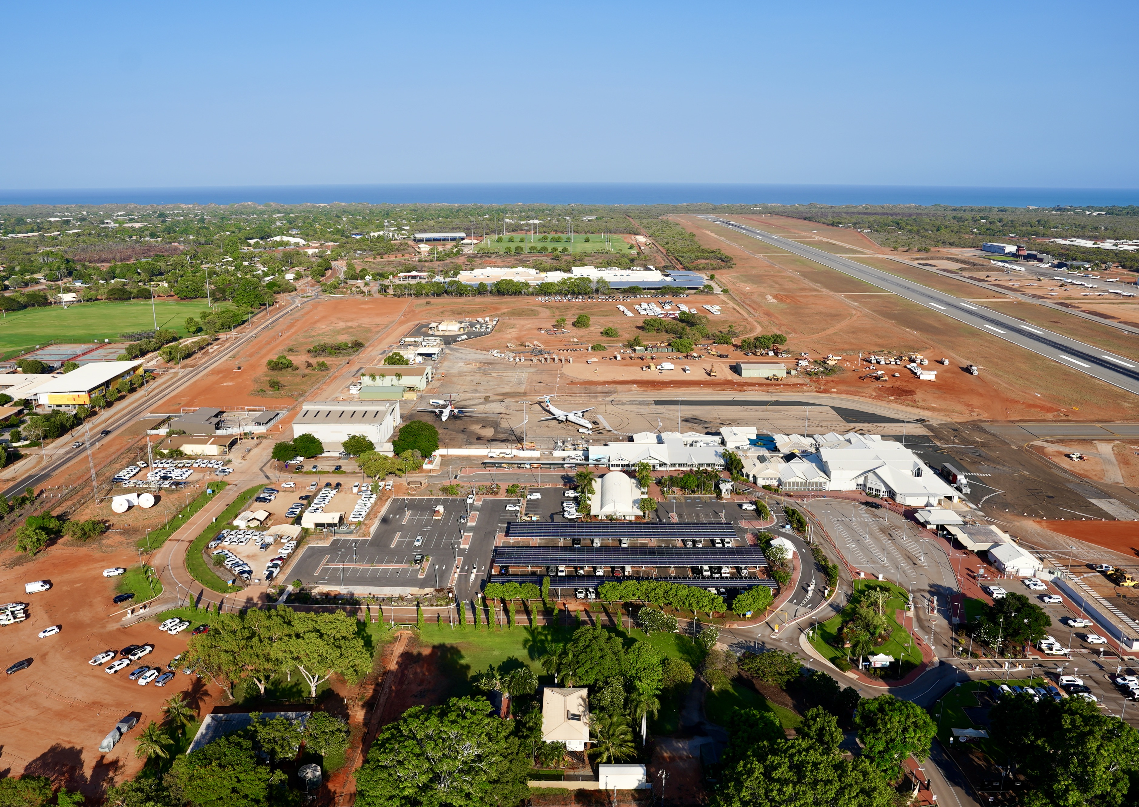 Wide aerial of Broome International Airport runway and terminal