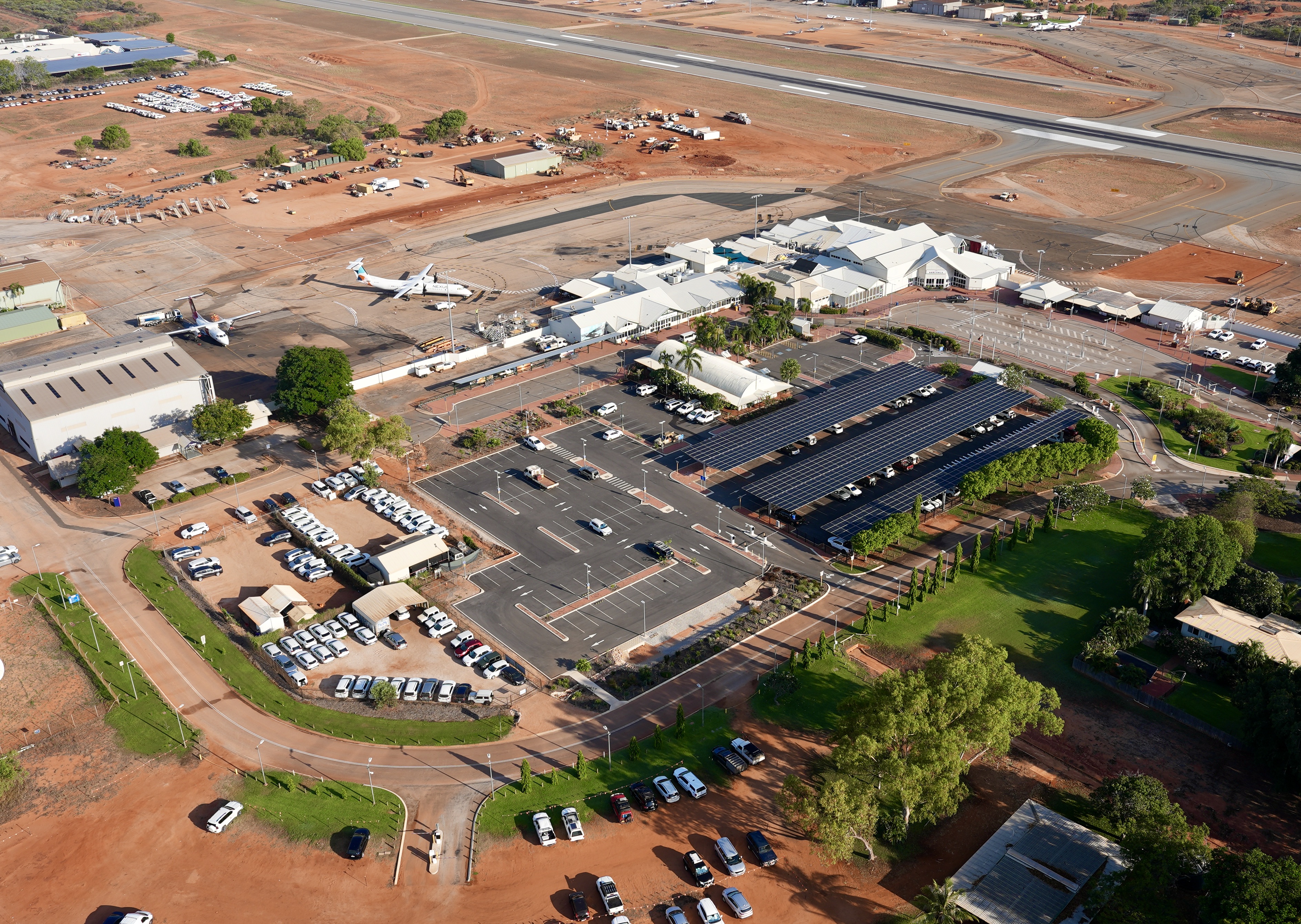 Aerial view of Broome International Airport carpark and solar canopy