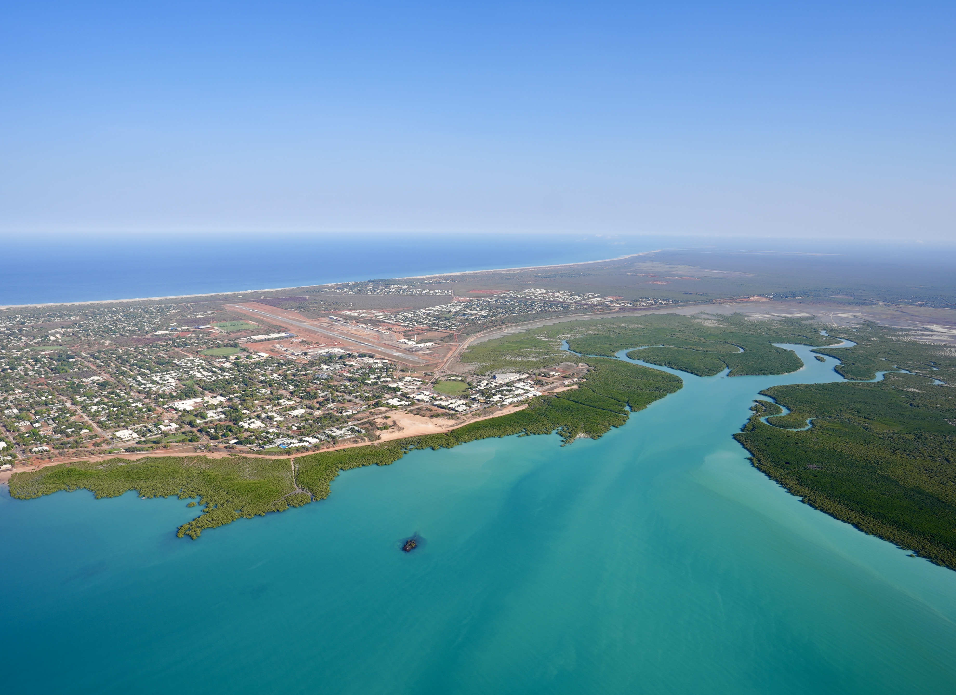 Aerial view of Broome with Roebuck Bay, mangroves and the airport